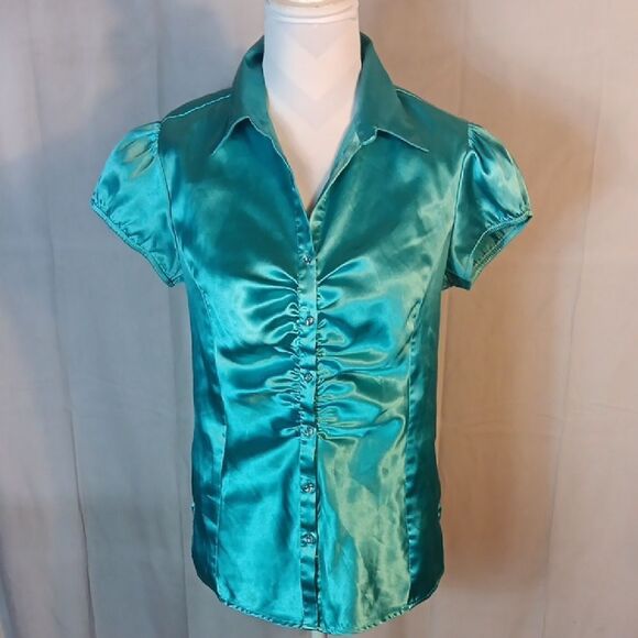 Satin Teal Button-Up Blouse - Picture 1 of 7